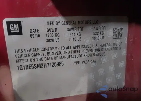 2017 Chevrolet Cruze Lt Auto from USA, damaged, VIN 1G1BE5SM3H7126985